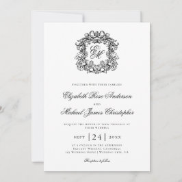 Elegant Black White Monogram Crest Wedding 招待状