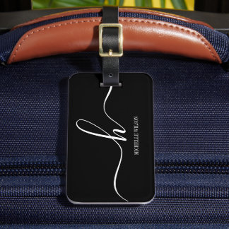 Elegant Black White Monogram Initial Script Name  ラゲッジタグ