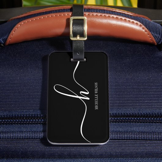 Elegant Black White Monogram Initial Script Name  ラゲッジタグ (正面インサイチュ2)