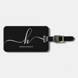 Elegant Black White Monogram Initial Script Name  ラゲッジタグ