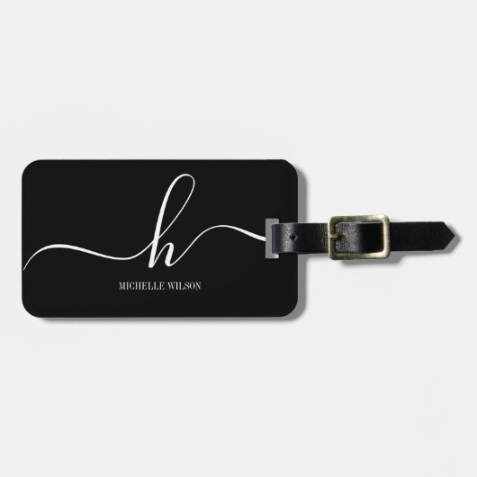 Elegant Black White Monogram Initial Script Name  ラゲッジタグ (正面横)