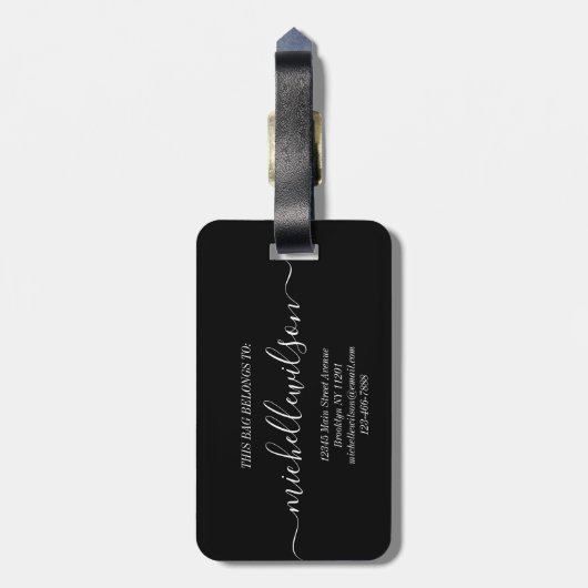 Elegant Black White Monogram Initial Script Name  ラゲッジタグ (裏面縦)