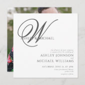Elegant Black/White Monogram Square Photo Wedding 招待状 (正面/裏面)