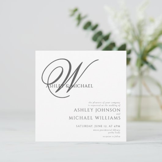 Elegant Black/White Monogram Square Photo Wedding 招待状 (スタンド正面)