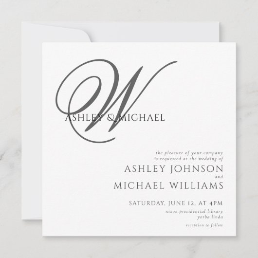 Elegant Black/White Monogram Square Photo Wedding 招待状 (正面)