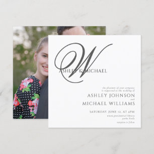 Elegant Black/White Monogram Square Photo Wedding 招待状