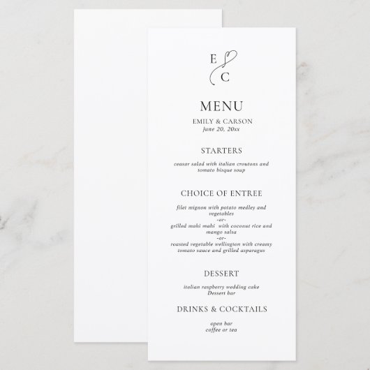 Elegant Black & White Monogram Wedding メニュー (正面/裏面)