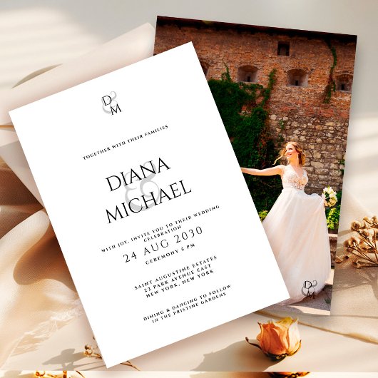 Elegant Black&White Monogram Wedding Photo  招待状