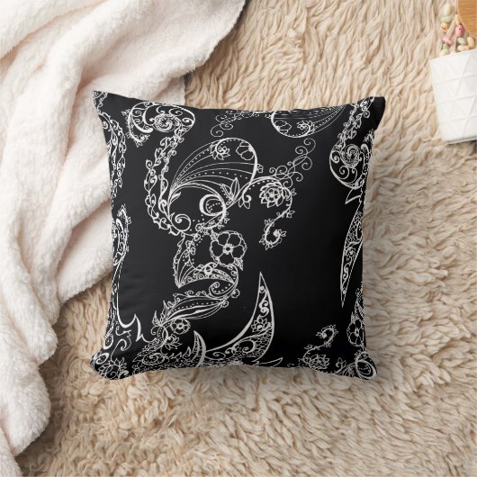 Elegant Black & White Paisley クッション (ブランケット)