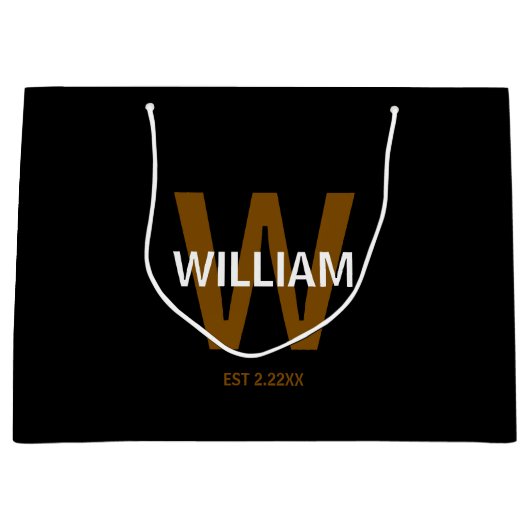 Elegant Black &White Personalized Name Monogram ラージペーパーバッグ (正面)