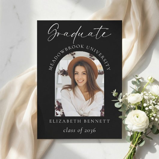 Elegant Black White Photo Graduation Announcement 案内状