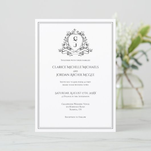 Elegant Black White Photo Monogram Crest Wedding I 招待状 (スタンド正面)
