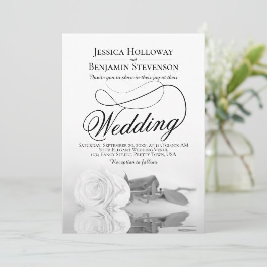 Elegant Black & White Rose Fancy QR Code Wedding 招待状 (スタンド正面)