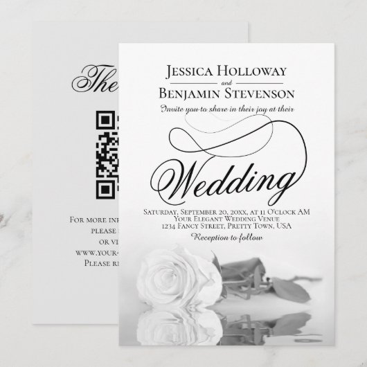 Elegant Black & White Rose Fancy QR Code Wedding 招待状 (正面/裏面)