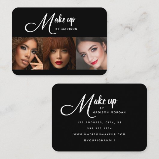 Elegant Black White Script 3 Photo Makeup 名刺 (正面/裏面)