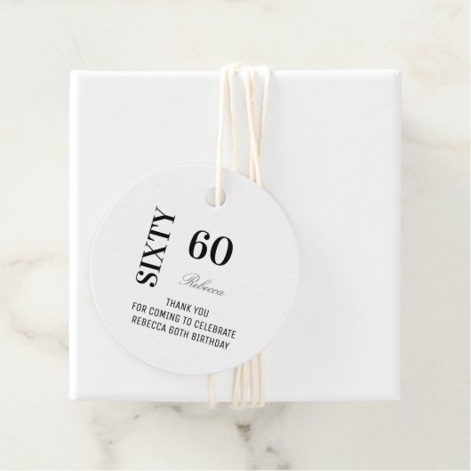 Elegant Black White Script 60 Birthday Thank You   フェイバータグ (インサイチュ)