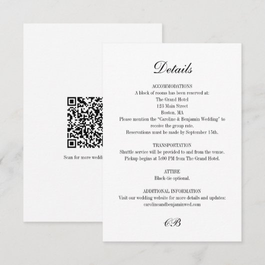Elegant Black White Script Monogram QR Wedding エンクロージャーカード (正面/裏面)