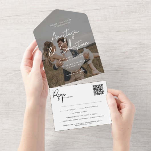 Elegant Black & White Script QR Code Photo Wedding オールインワン招待状 (貼ってはがせる)