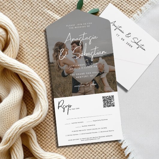 Elegant Black & White Script QR Code Photo Wedding オールインワン招待状