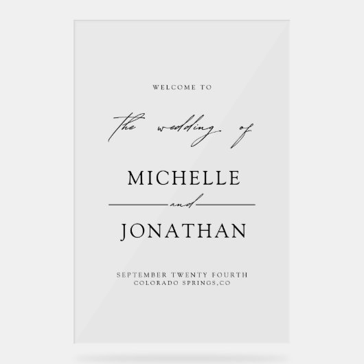 Elegant Black White Script Wedding Welcome  アクリルサイン (正面)