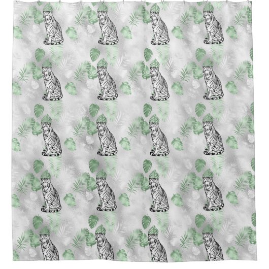 Elegant Black White Silver Tiger Pattern シャワーカーテン (正面)