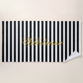 Elegant Black White Stripe Towel Personalized Name ビーチタオル (正面)
