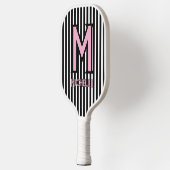 Elegant Black& White Stripes Pink Script Monogram ピックルボールラケット (左)