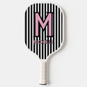 Elegant Black& White Stripes Pink Script Monogram ピックルボールラケット (裏面)