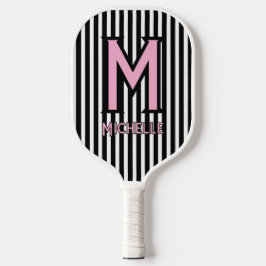 Elegant Black& White Stripes Pink Script Monogram ピックルボールラケット