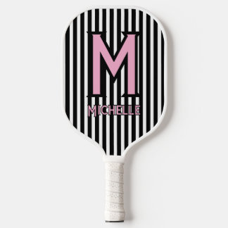 Elegant Black& White Stripes Pink Script Monogram ピックルボールラケット