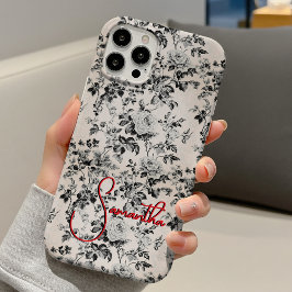 Elegant black white toile red monogram  iPhone 16ケース