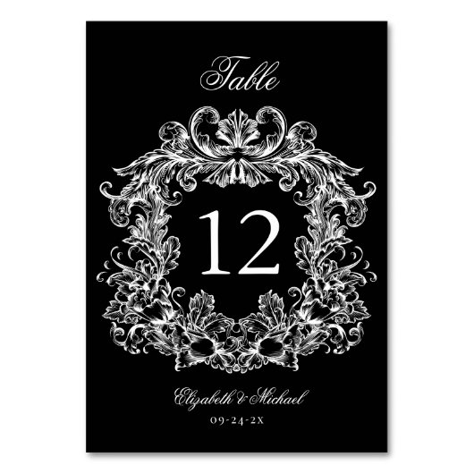 Elegant Black White Vintage Crest Wedding テーブルナンバー (正面)