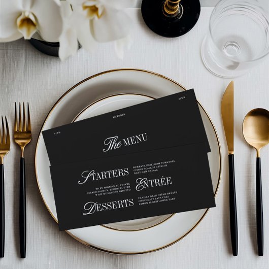 Elegant Black & White Wedding Dinner Menu Card メニュー