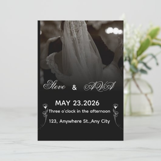 Elegant Black & White Wedding Invitation 招待状 (スタンド正面)