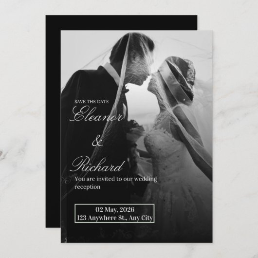Elegant Black & White Wedding Invitation 招待状 (正面/裏面)