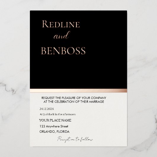 Elegant Black & white Wedding Invitation Rose Gold 箔招待状 (正面)