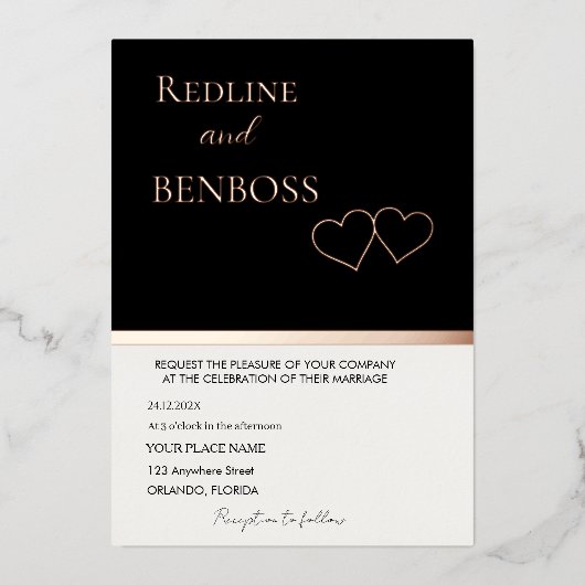 Elegant Black & white Wedding Invitation Rose Gold 箔招待状 (正面)