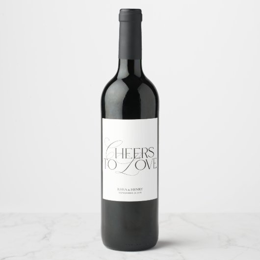 Elegant Black & White Wedding Wine Bottle Label ワインラベル (正面)