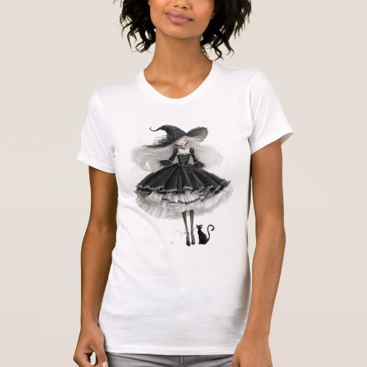 Elegant Black Witch – Gothic Watercolor Art Tシャツ (正面)