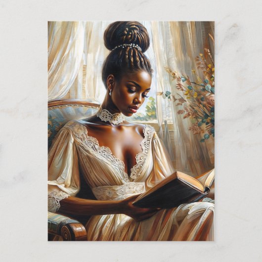 Elegant Black Woman Reading Vintage Style ポストカード (正面)