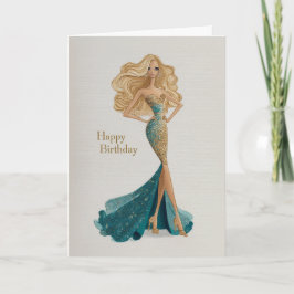 Elegant Blonde in Gold & Teal Gown Glam BDay カード