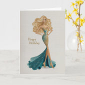 Elegant Blonde in Gold & Teal Gown Glam BDay カード (黄色い花)