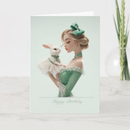 Elegant Blonde in Green w/ Pretty Bunny BDay Card カード