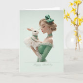 Elegant Blonde in Green w/ Pretty Bunny BDay Card カード (黄色い花)