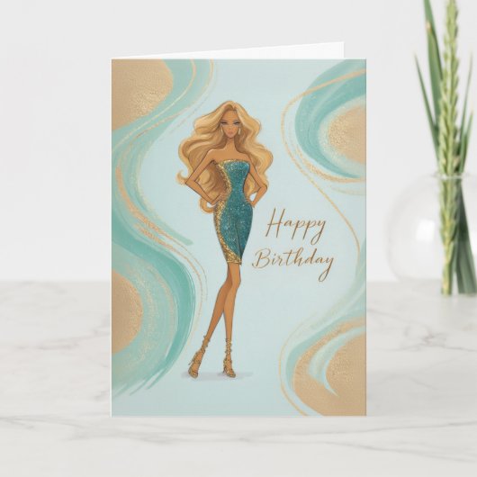 Elegant Blonde in Teal Gold Glam Gown Birthday カード (正面)