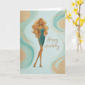 Elegant Blonde in Teal Gold Glam Gown Birthday カード (黄色い花)