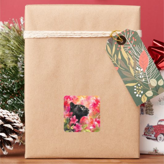 Elegant Blooming Floral Wild Black Panther スクエアシール (クリスマス)