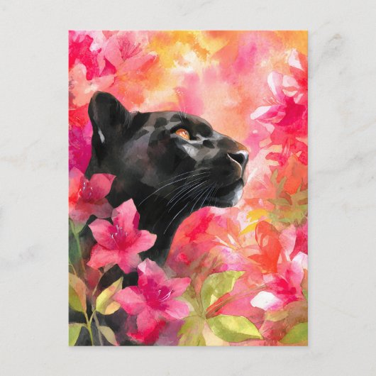 Elegant Blooming Floral Wild Black Panther 案内ポストカード (正面)