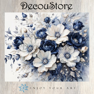 Elegant Blossoms in Blue & White Decoupage 薄葉紙