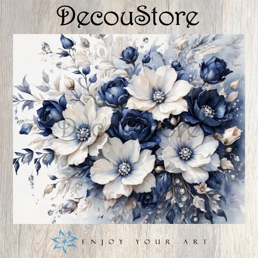 Elegant Blossoms in Blue & White Decoupage 薄葉紙